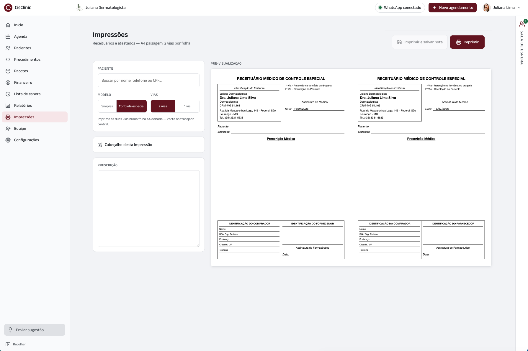 Tela de impressões do CisClinic com receituário e pré-visualização