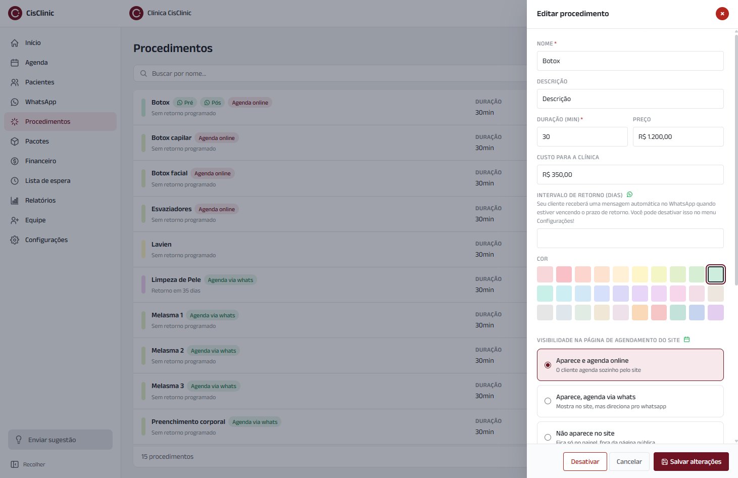 Cadastro de procedimentos com custo e visibilidade online